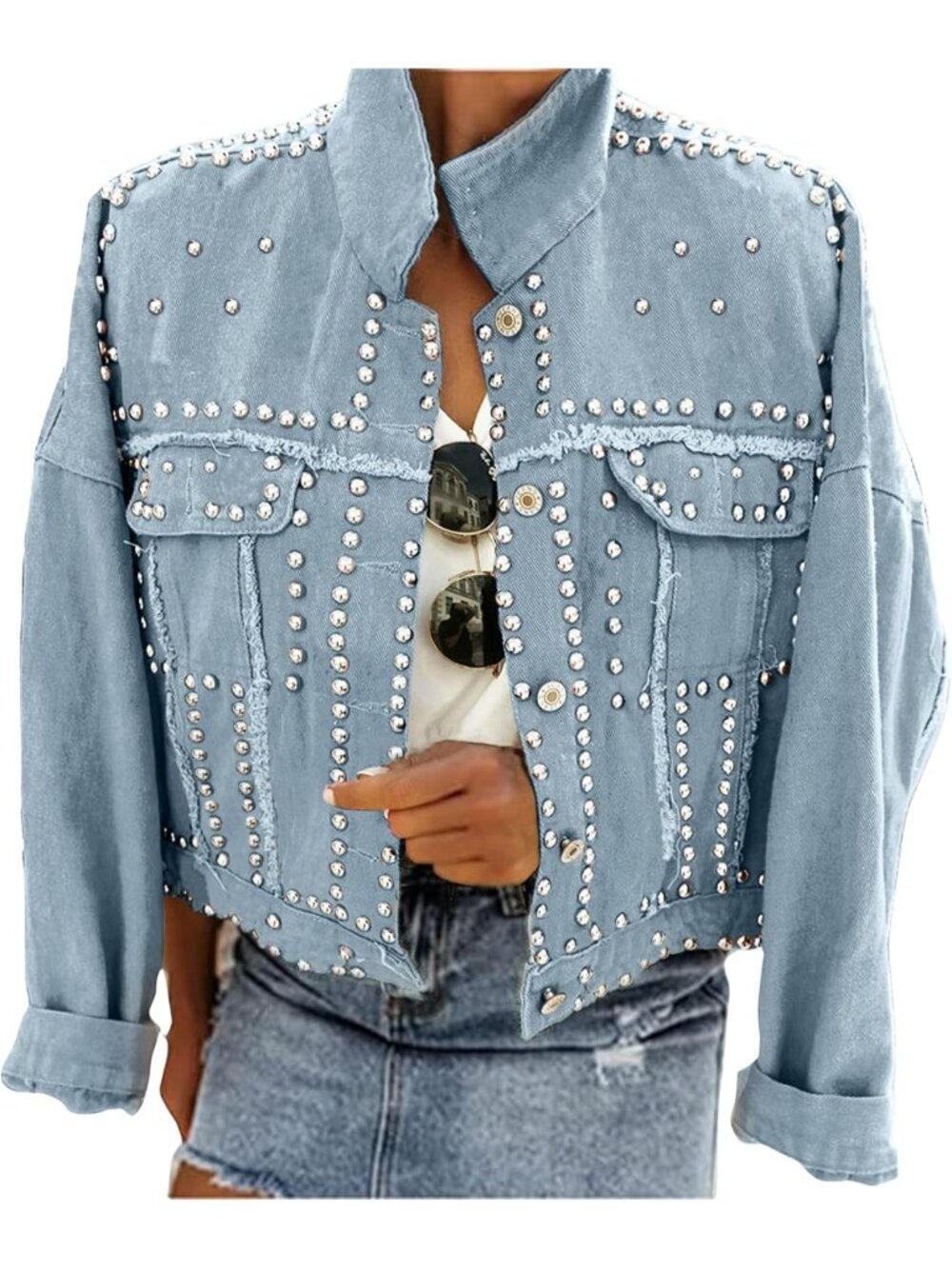Women's Blue Studded Denim Casual Jacket Frayed Cropped Western Trucker Jean